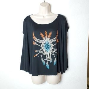 En Creme  Black Oversized Long Horn Skull T-Shirt